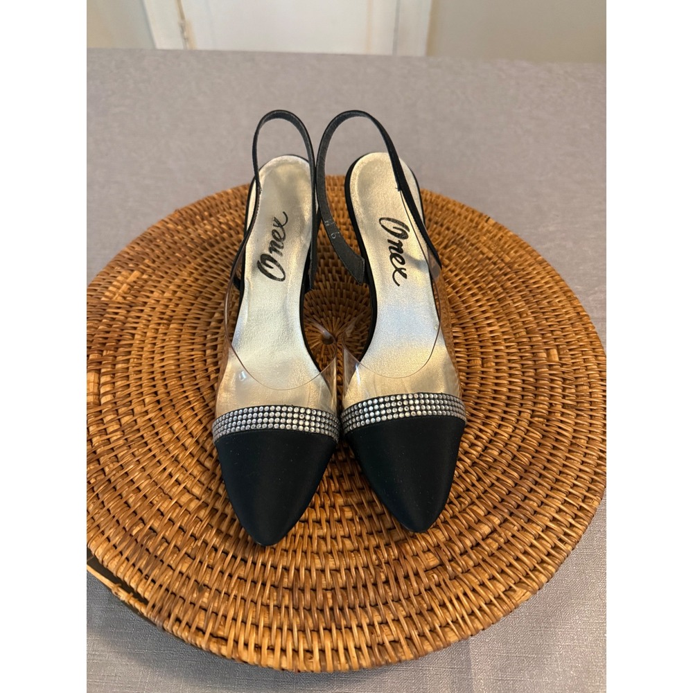 Onex Womens Black Rhinestone Clear Slingback Pointed Toe Kitten Heels Size 9 M